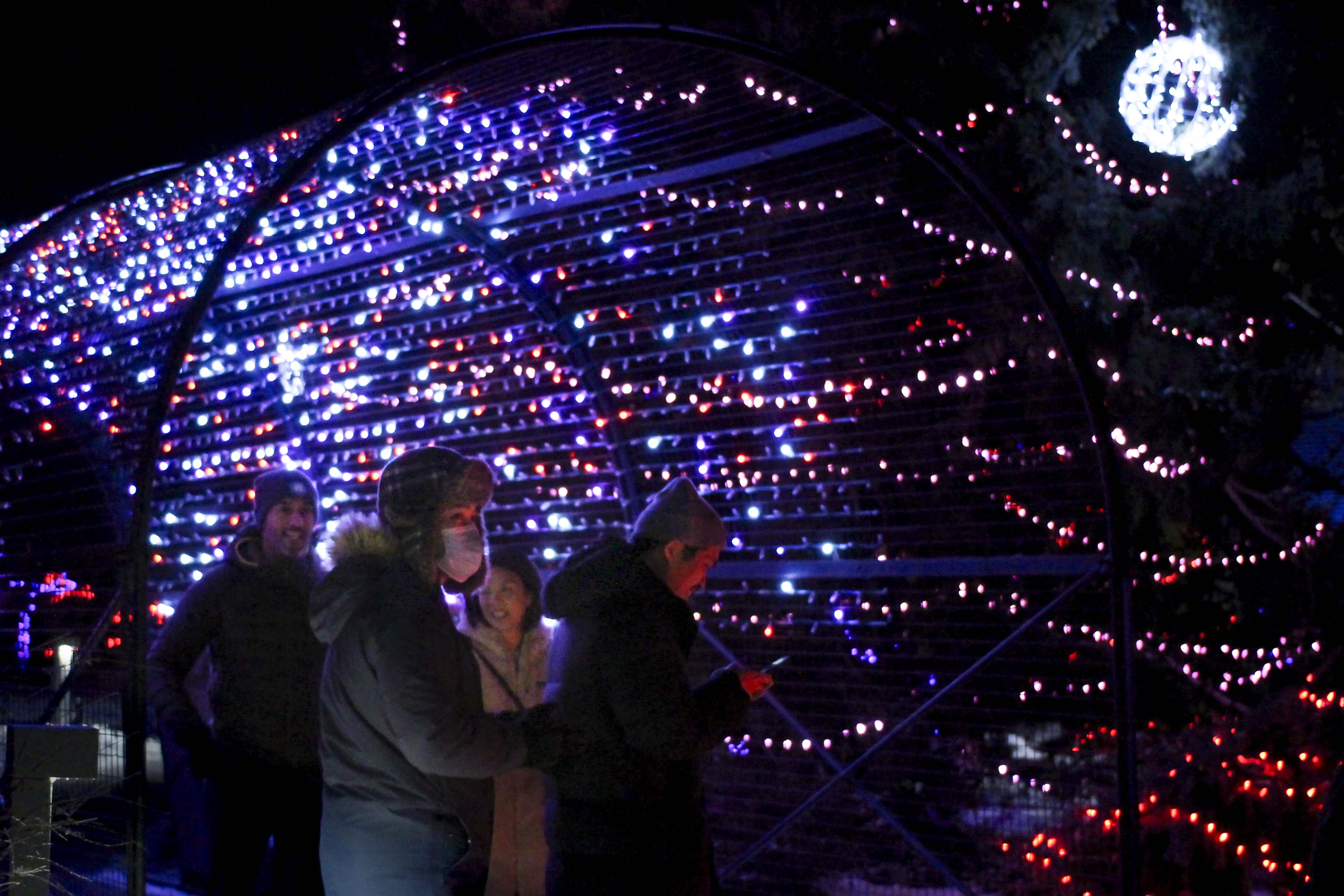 People goes through the Tunnel of Love in the Calgary Zoo on Friday, Nov. 20, 2020. The Calgary Zoolight will be open to public during the COVID-19 pandemic with safety requirements until Jan. 3. (Photo by Meng Wei/The Press)